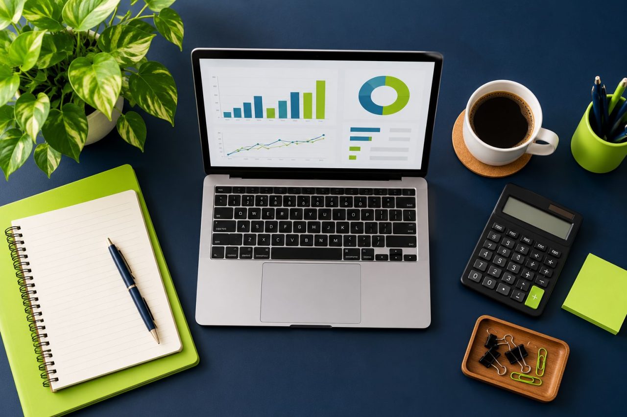 A tidy accountant's desk with a laptop showing financial charts, a calculator, notebook and coffee